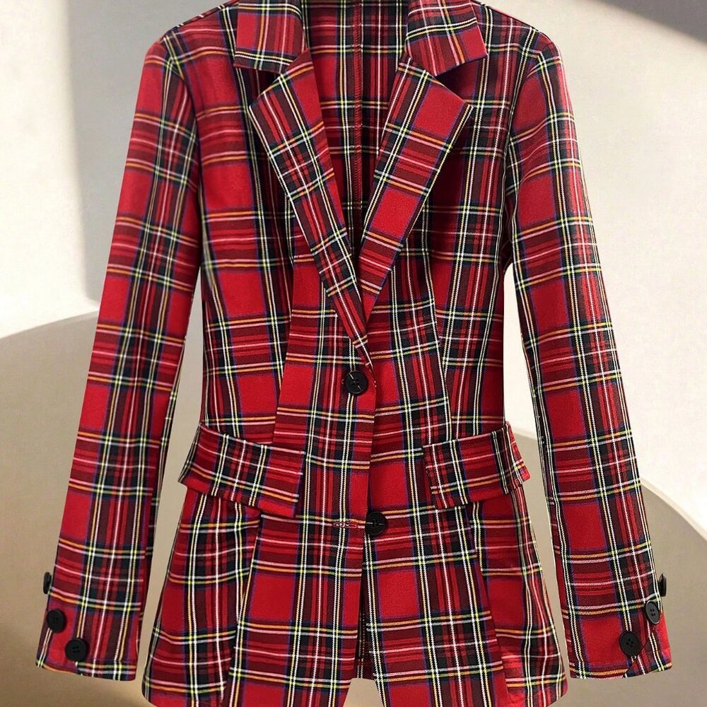Red Casual Women's Christmas Plaid Single-Breasted Fitted Long Sleeve Blazer